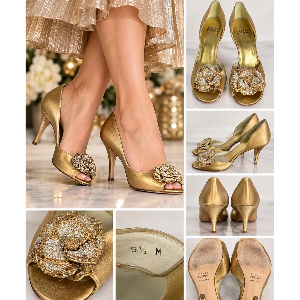 Stuart Weitzman Gold Crystal Flower Heels 5.5 M Peep Toe Glam Y2K Evening